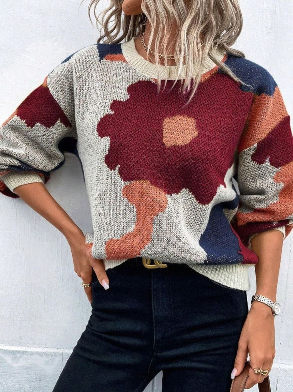 Women's Floral Print Relaxed-Fit Crew Neck Pullover Sweater - Brown