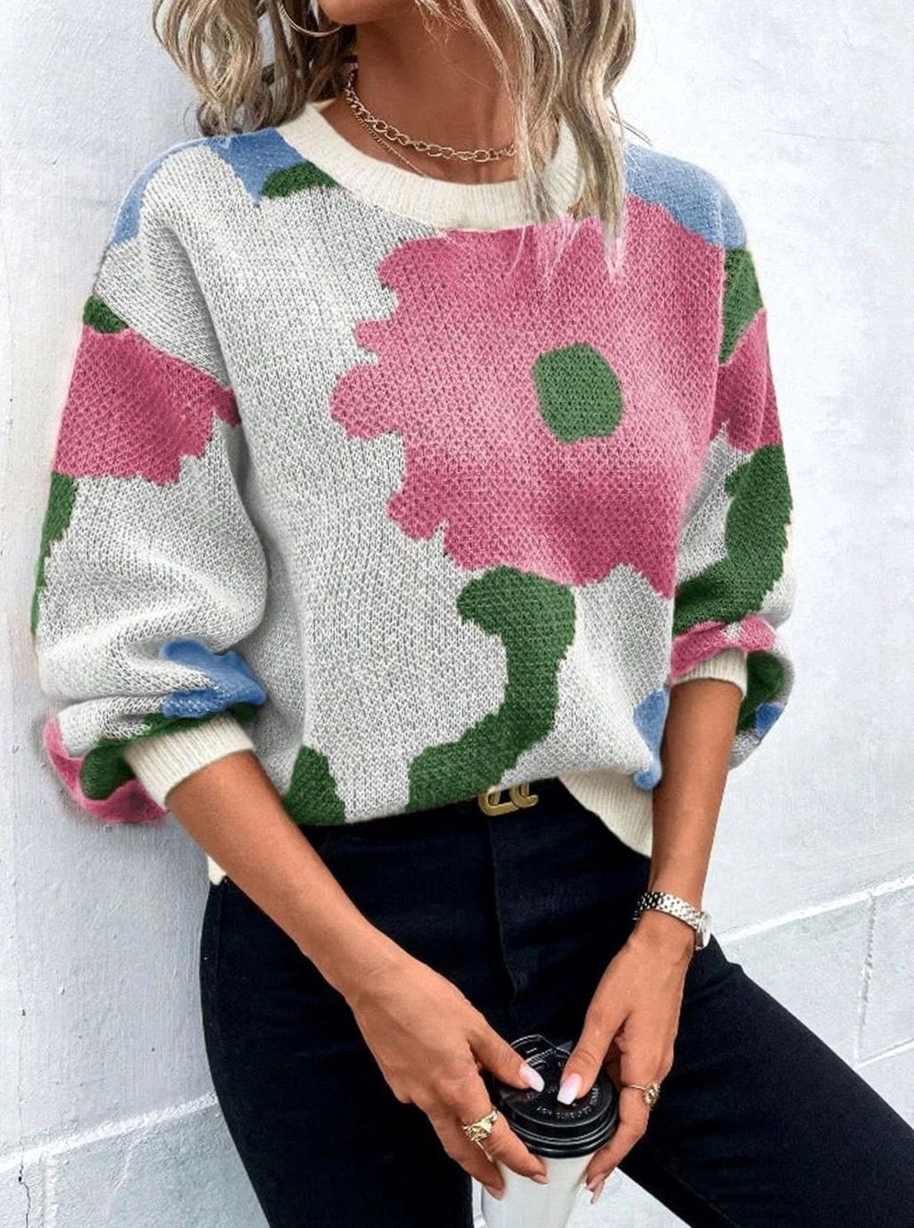 Women's Floral Print Relaxed-Fit Crew Neck Pullover Sweater - Pink