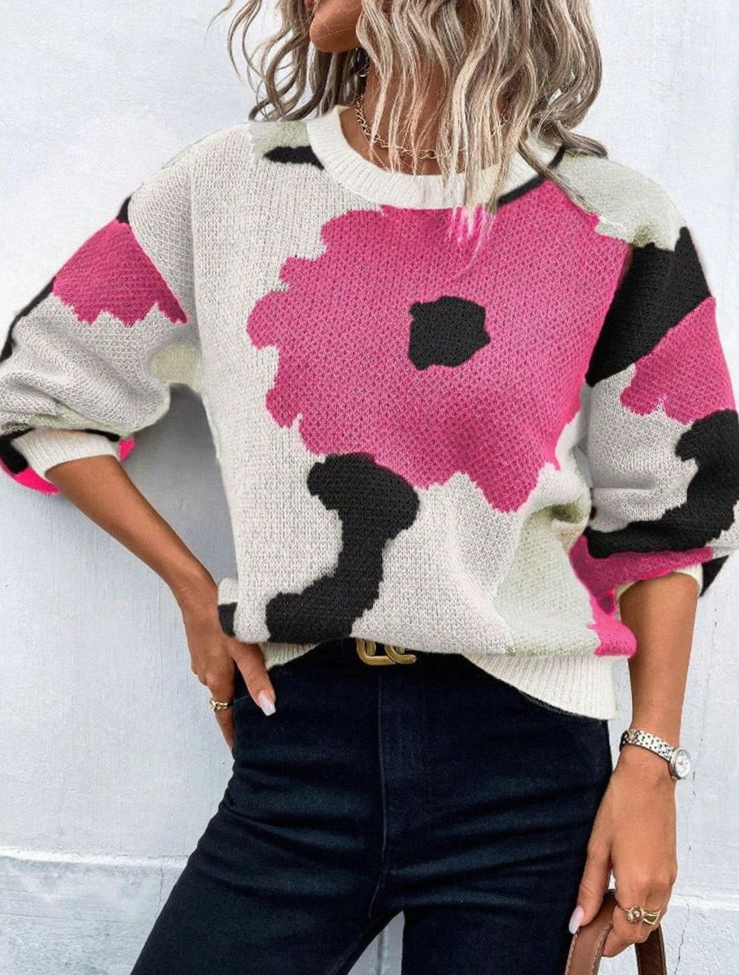Women's Floral Print Relaxed-Fit Crew Neck Pullover Sweater - Rose Red