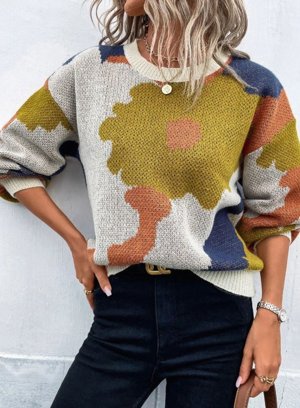 Women's Floral Print Relaxed-Fit Crew Neck Pullover Sweater - Khaki