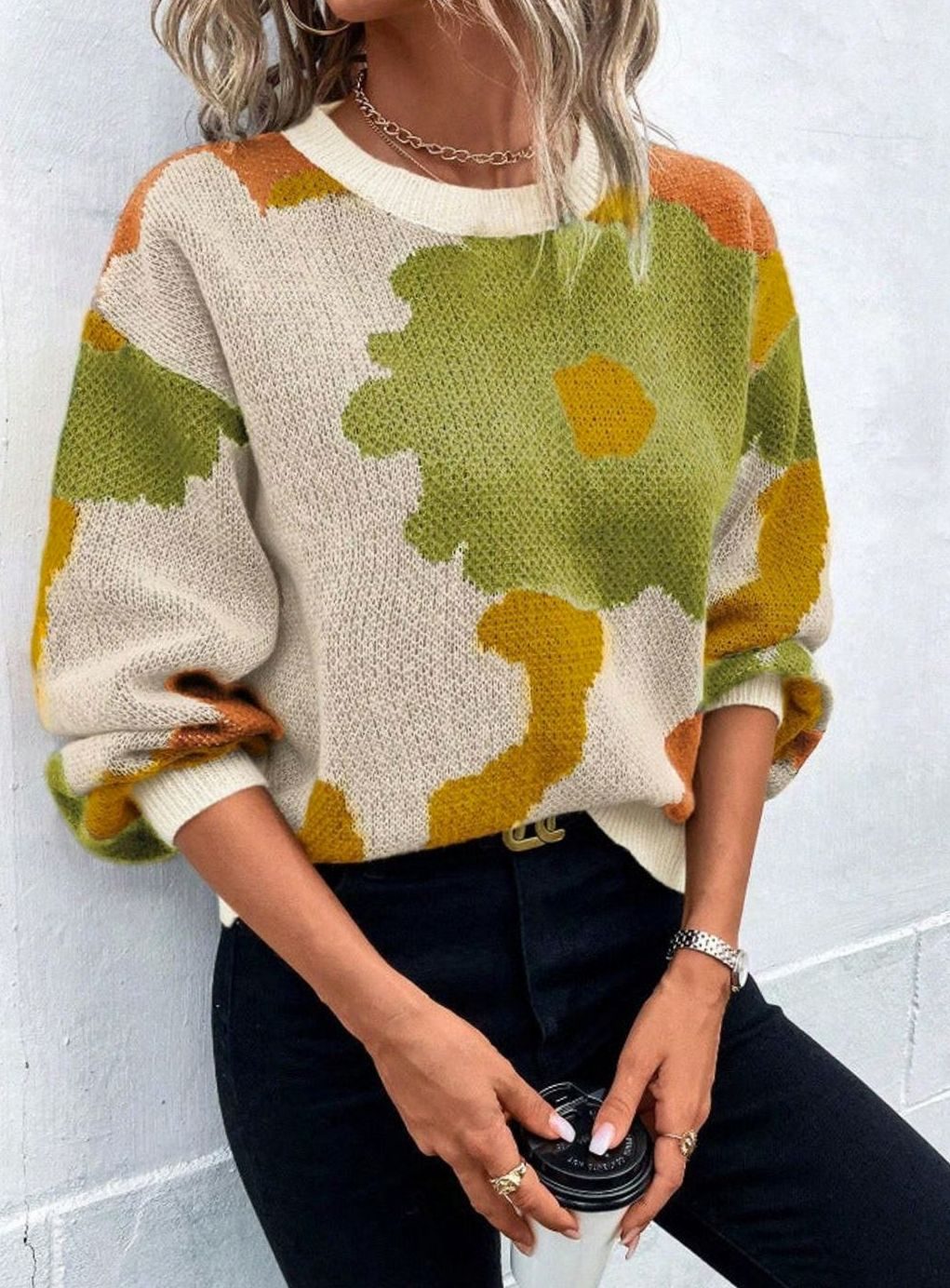Women's Floral Print Relaxed-Fit Crew Neck Pullover Sweater - Green