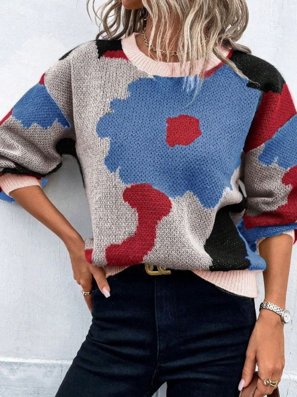 Women's Floral Print Relaxed-Fit Crew Neck Pullover Sweater - Royal Blue