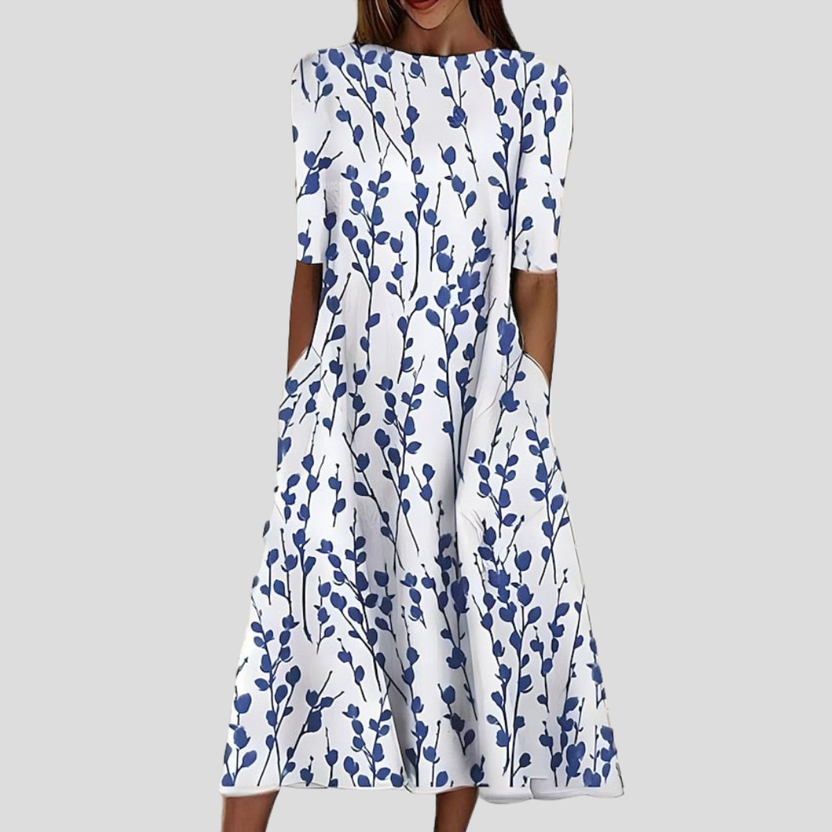 Women's Floral Print Short Sleeve A-Line Midi Dress Pockets