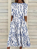 Women's Floral Print Short Sleeve A-Line Midi Dress Pockets - Blue