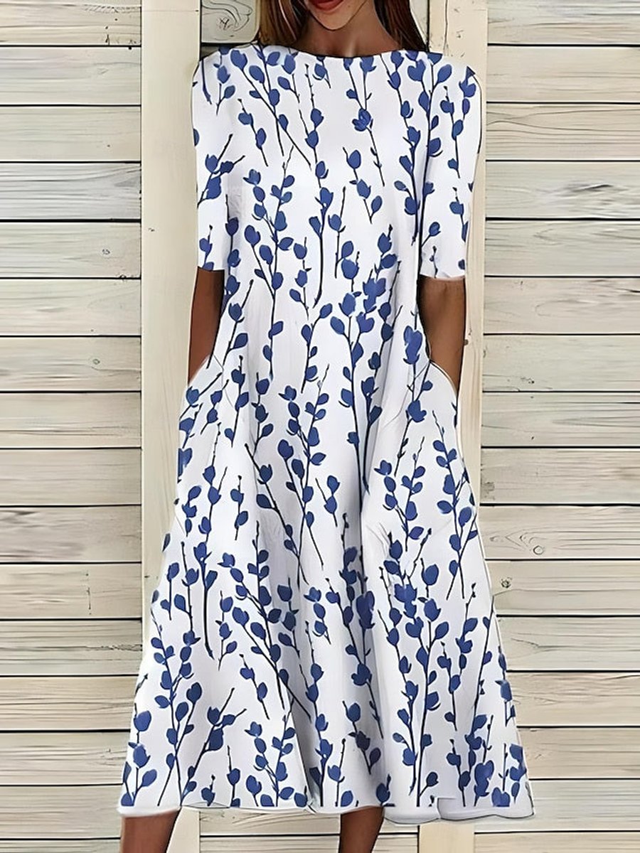 Women's Floral Print Short Sleeve A-Line Midi Dress Pockets - Blue
