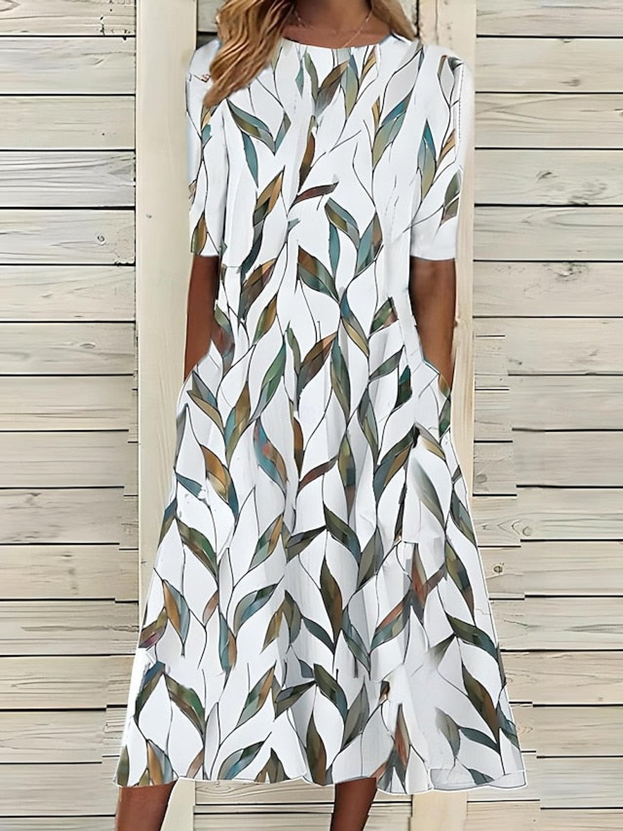 Women's Floral Print Short Sleeve A-Line Midi Dress Pockets - Green