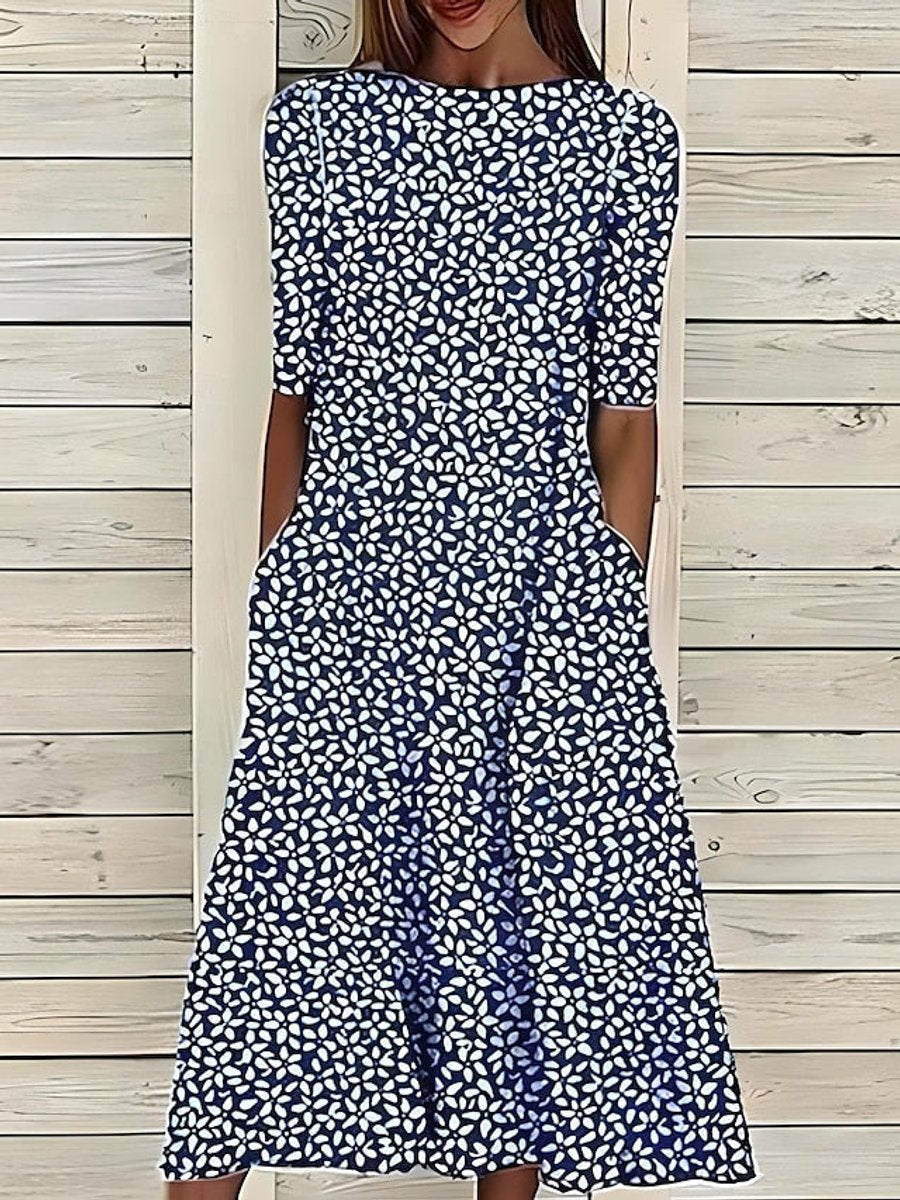 Women's Floral Print Short Sleeve A-Line Midi Dress Pockets - Navy Blue