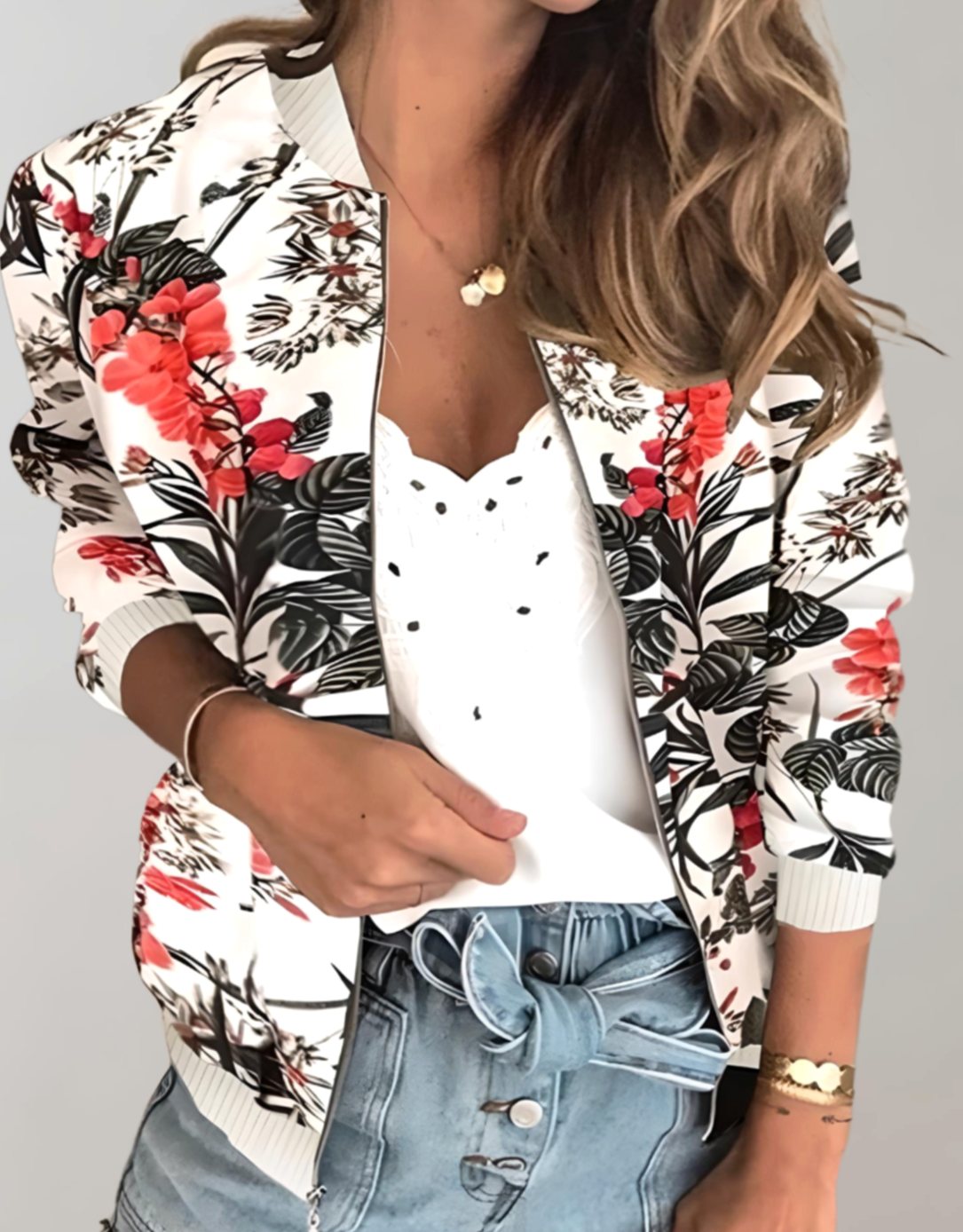 Women's Floral Print Zip-Up Bomber Jacket, White