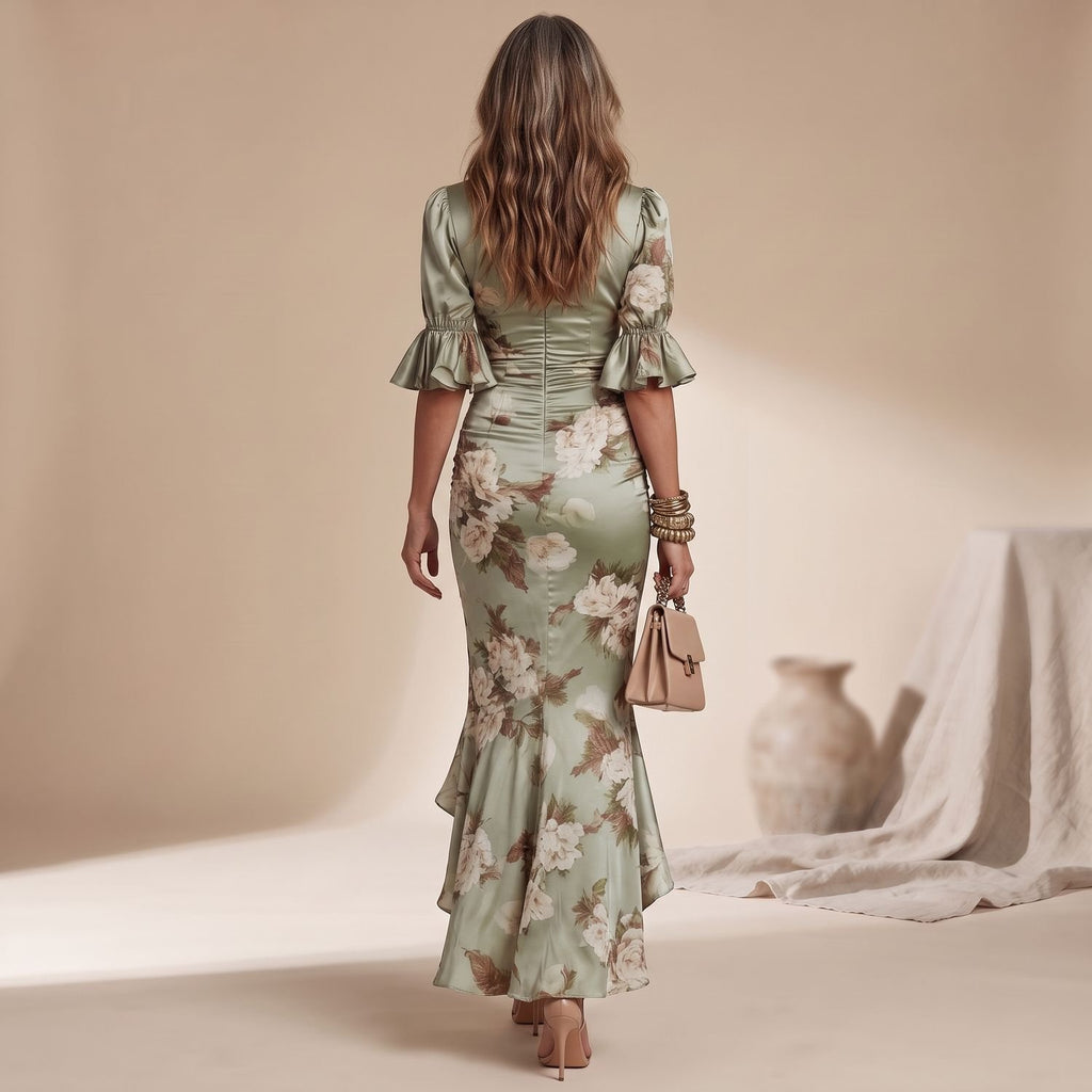 Women's Floral Ruched V-Neck Ruffle Hem Maxi Dress