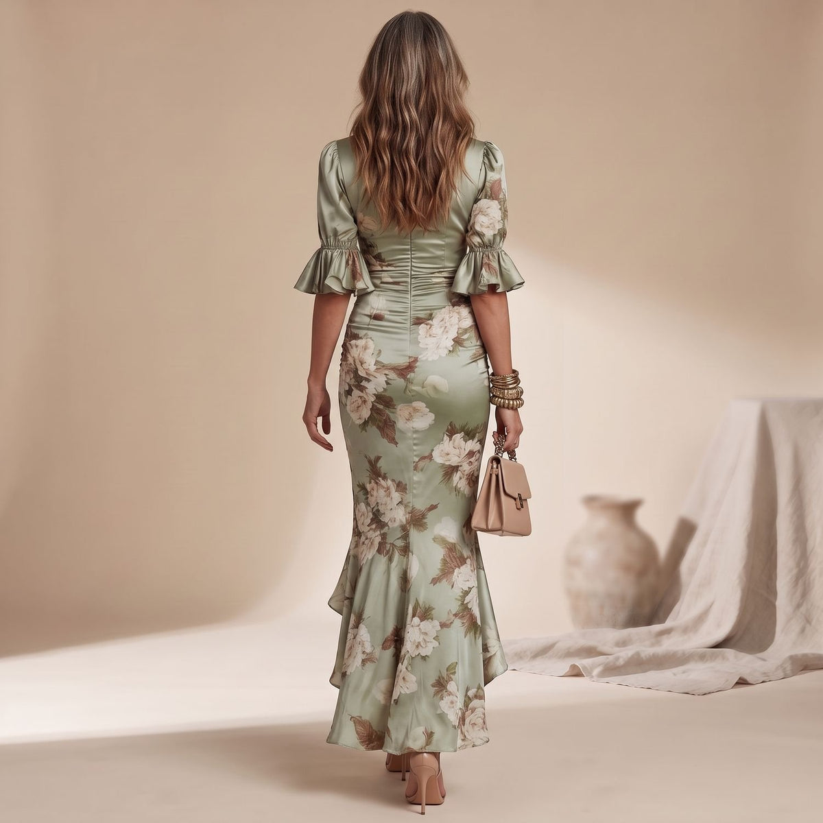 Women's Floral Ruched V-Neck Ruffle Hem Maxi Dress