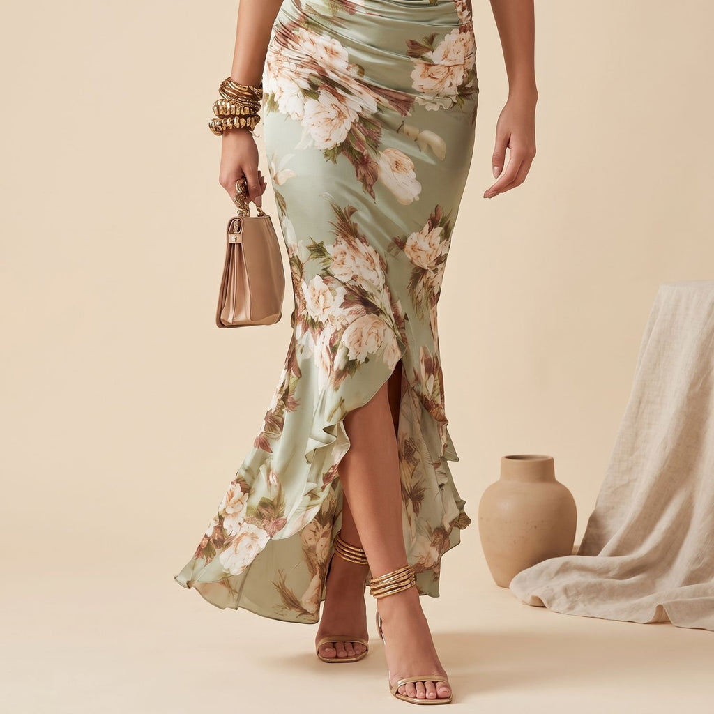 Women's Floral Ruched V-Neck Ruffle Hem Maxi Dress