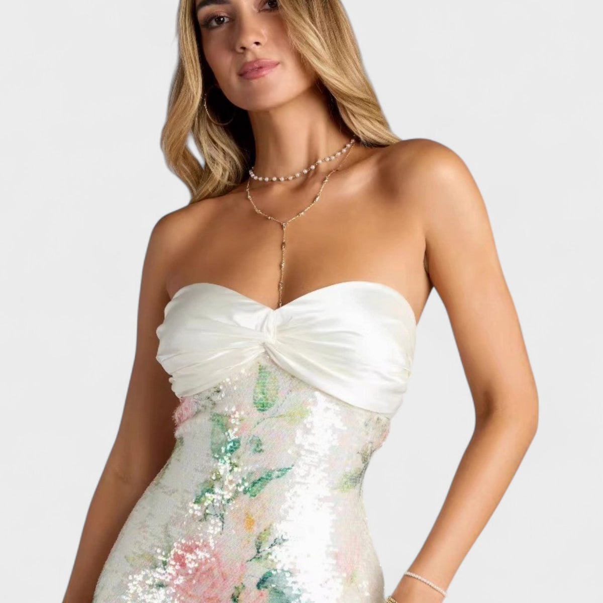 Women's Floral Sequin Strapless Sweetheart Mini Dress