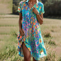Women's Floral Short-Sleeve V-Neck Flowy Midi Dress - Multicolor