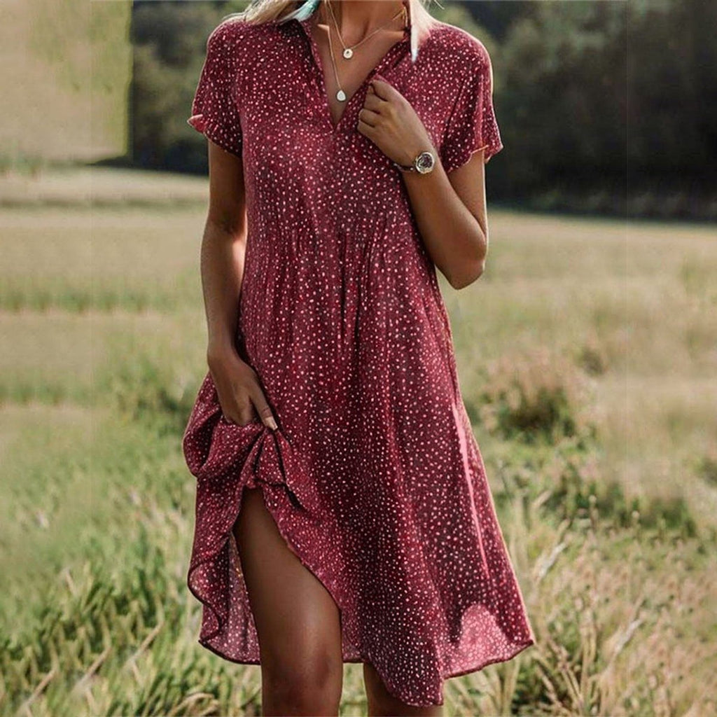 Women's Floral Short-Sleeve V-Neck Flowy Midi Dress - Red