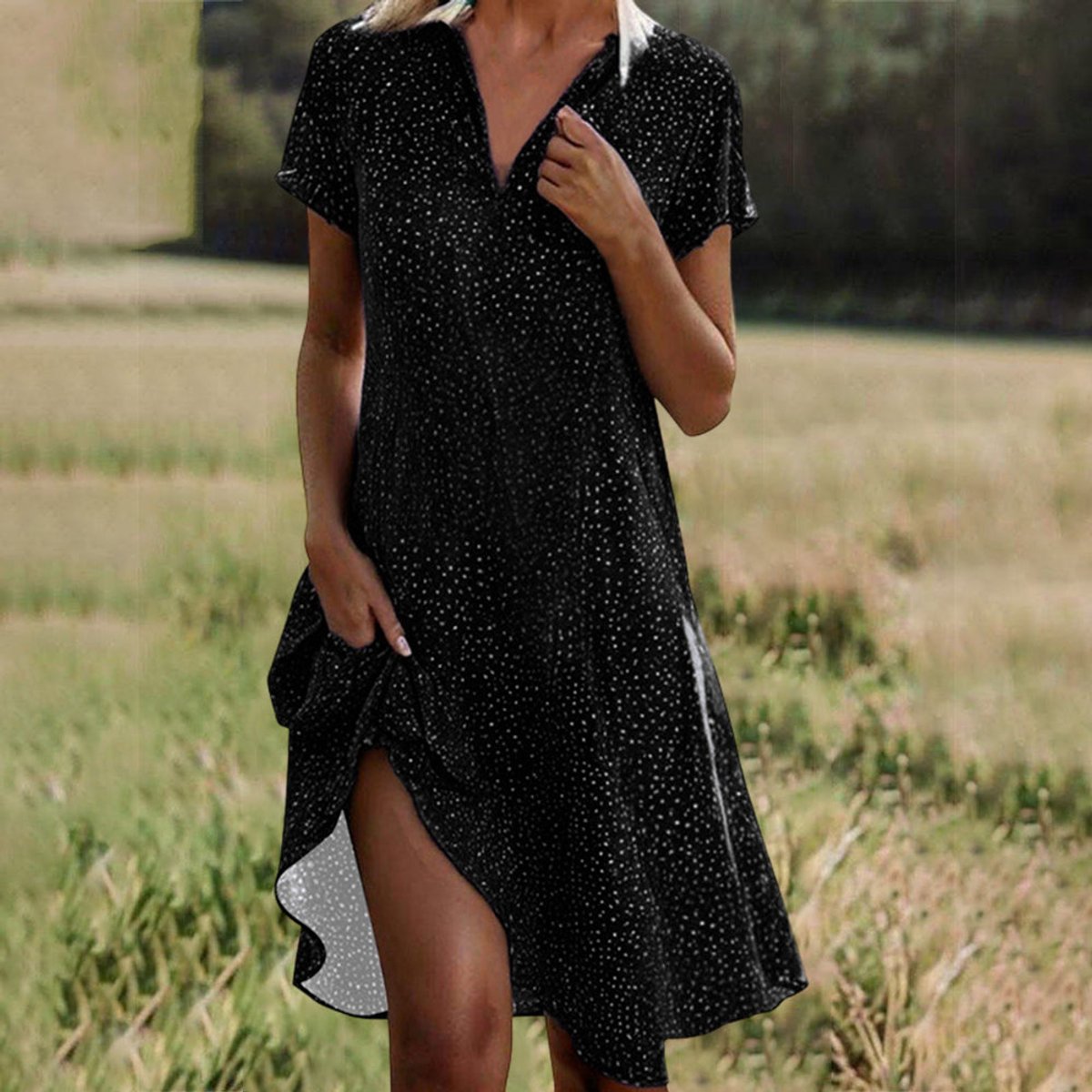 Women's Floral Short-Sleeve V-Neck Flowy Midi Dress - Black