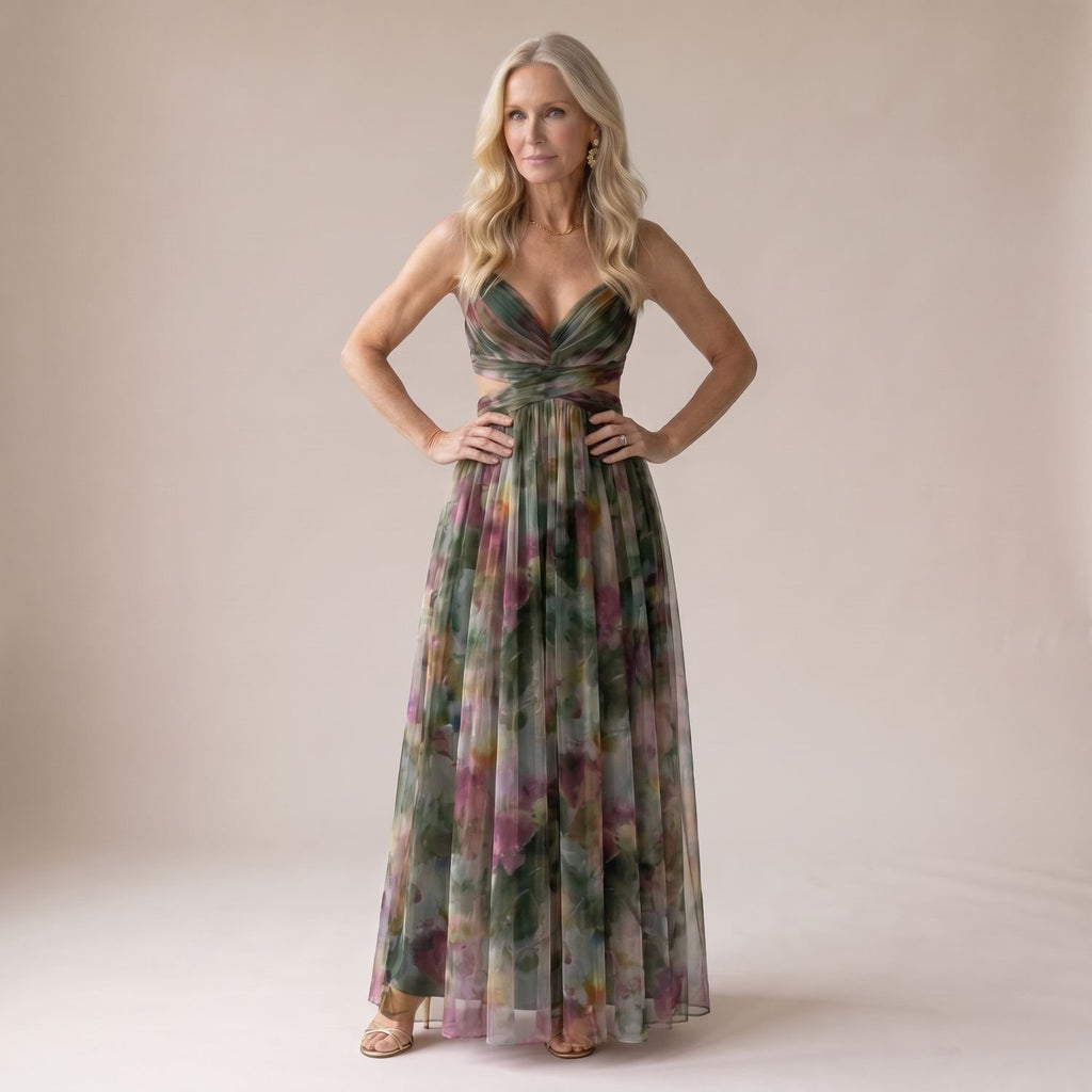 Women's Floral Spaghetti-Strap Wrap Bodice Maxi Dress - Dark Green