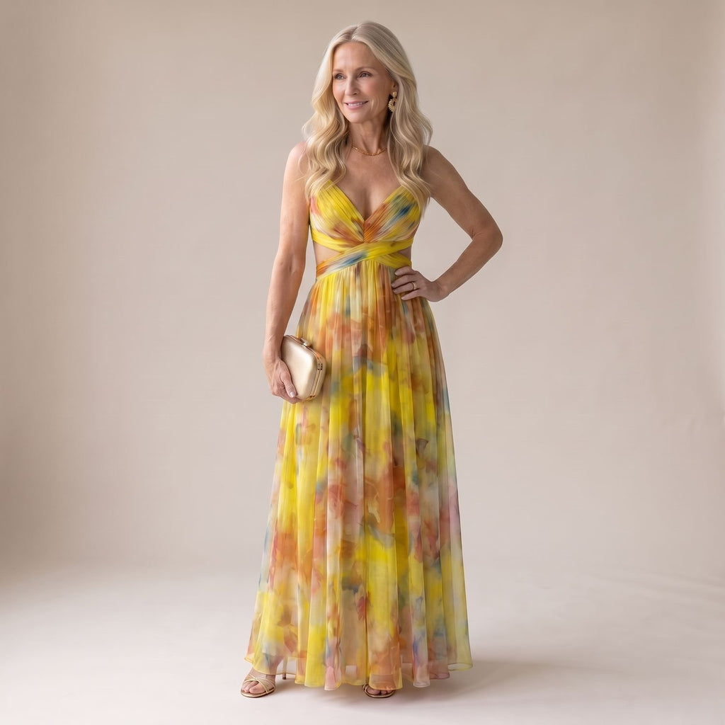 Women's Floral Spaghetti-Strap Wrap Bodice Maxi Dress - Yellow