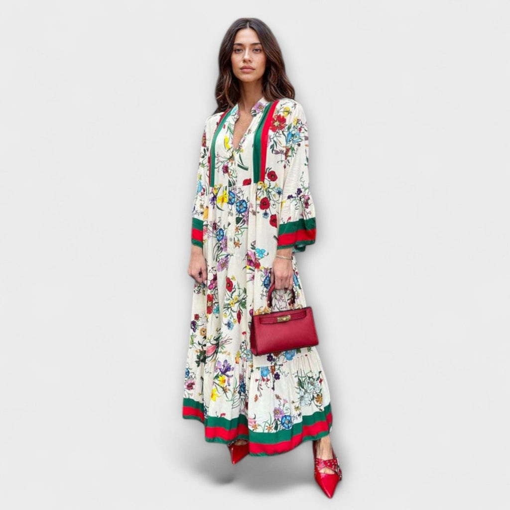 Women's Floral Tiered Bell-Sleeve Boho Maxi Dress - White