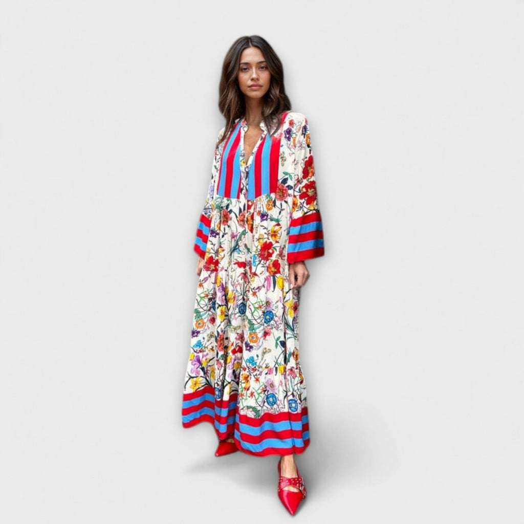 Women's Floral Tiered Bell-Sleeve Boho Maxi Dress - Red