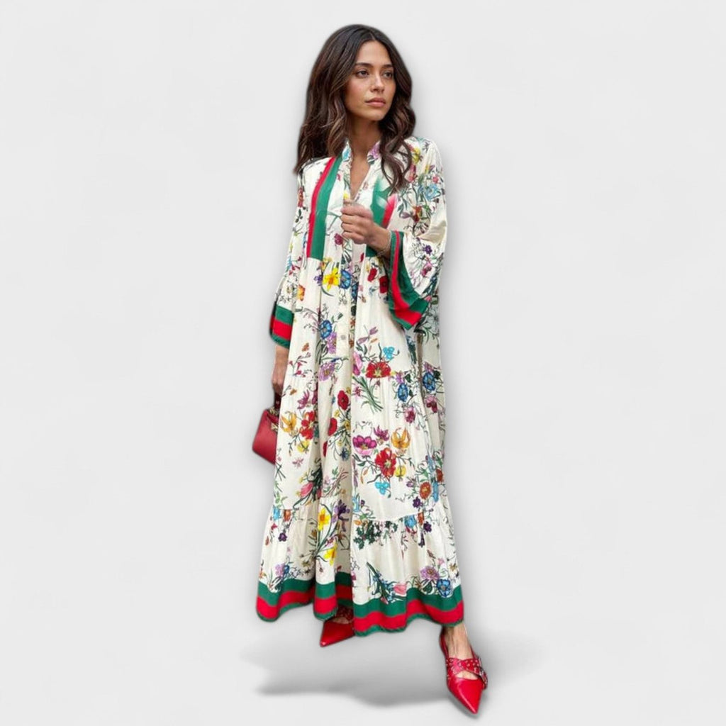 Women's Floral Tiered Bell-Sleeve Boho Maxi Dress