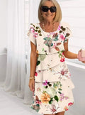 Women's Floral Tiered Ruffle Layered Midi Dress - Apricot