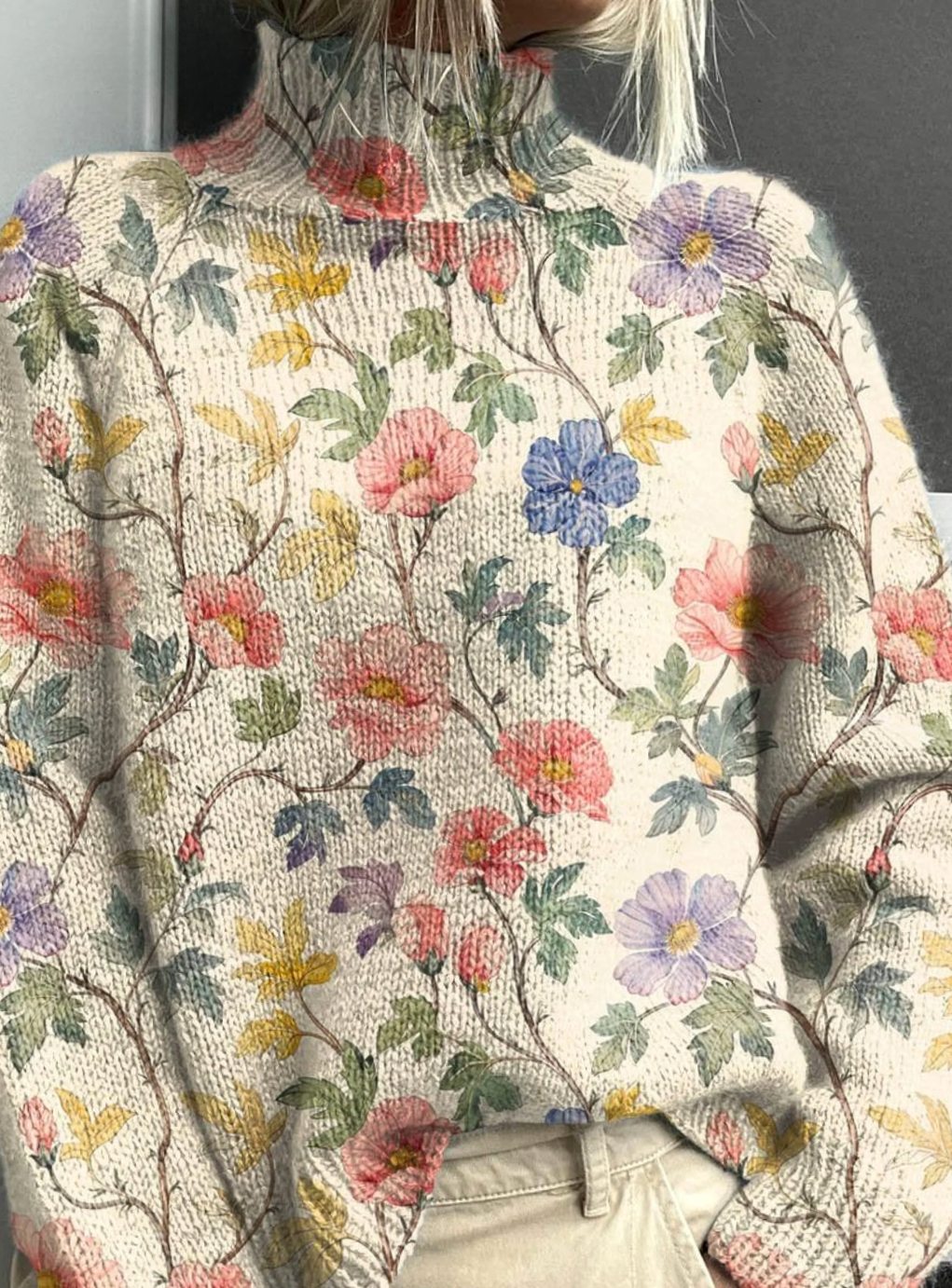 Women's Floral Turtleneck Long Sleeve Knit Sweater, Cream - Multicolor