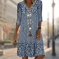 Women's Floral V-Neck 3/4 Sleeve Midi Swing Dress - Blue