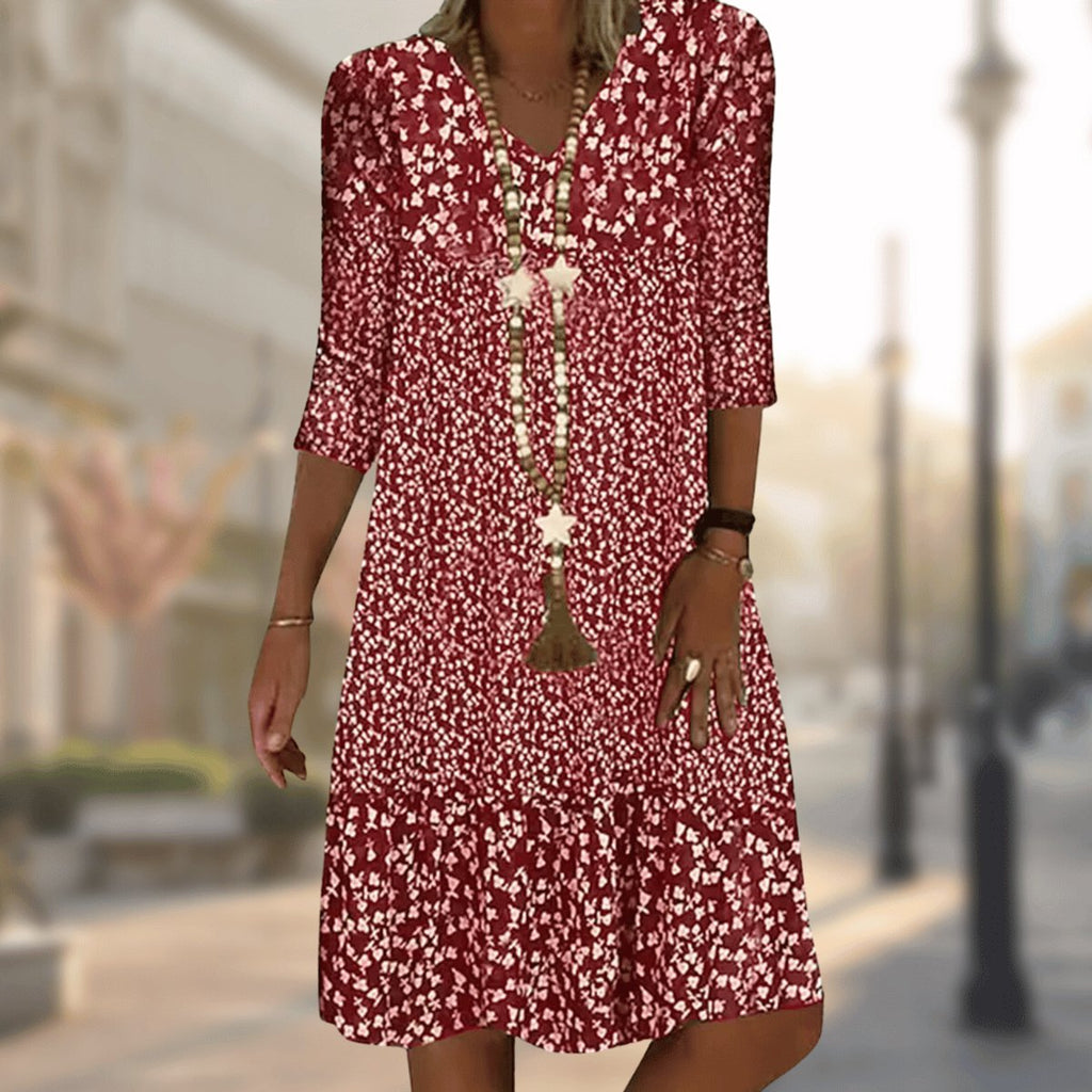 Women's Floral V-Neck 3/4 Sleeve Midi Swing Dress - Red