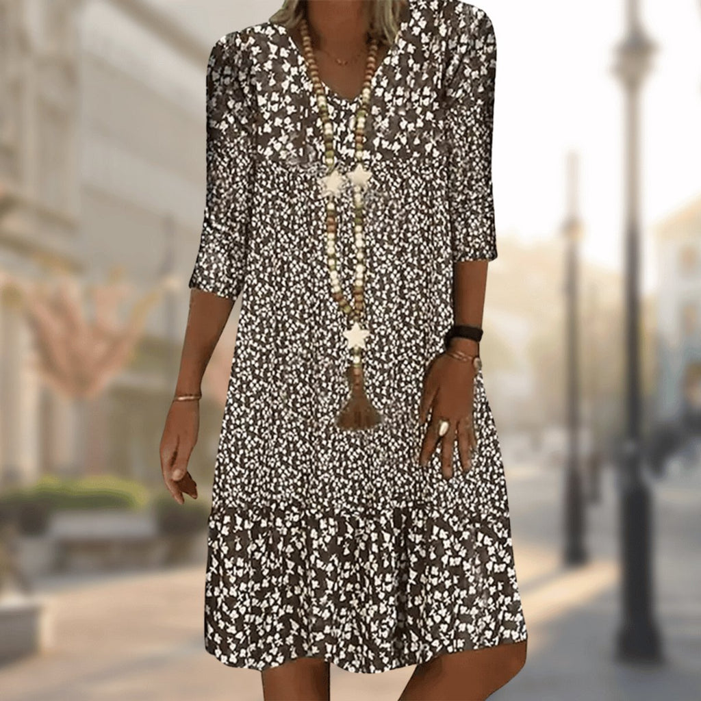 Women's Floral V-Neck 3/4 Sleeve Midi Swing Dress - Brown