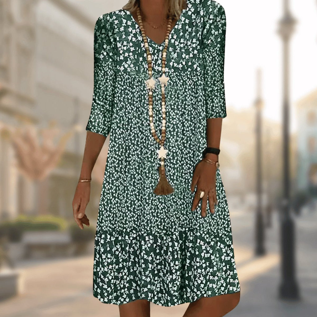 Women's Floral V-Neck 3/4 Sleeve Midi Swing Dress - Green