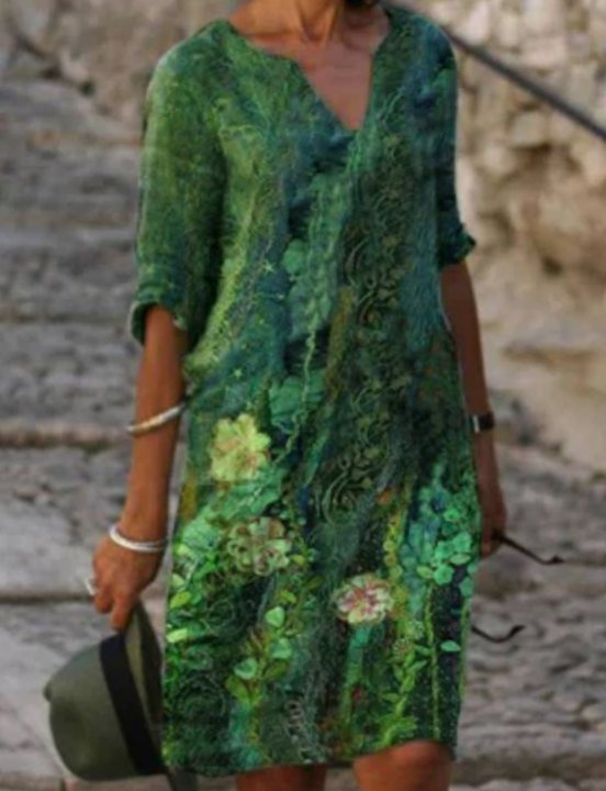 Women's Floral V-Neck Loose-Fit 3/4 Sleeve Midi Dress - Green