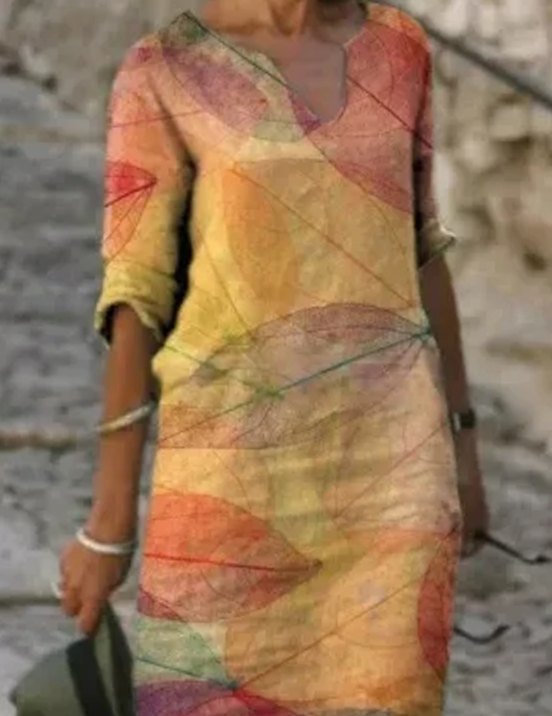 Women's Floral V-Neck Loose-Fit 3/4 Sleeve Midi Dress - Dark Orange
