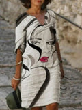 Women's Floral V-Neck Loose-Fit 3/4 Sleeve Midi Dress - White
