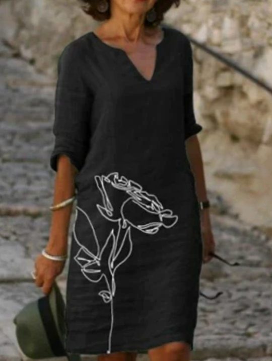 Women's Floral V-Neck Loose-Fit 3/4 Sleeve Midi Dress - Black