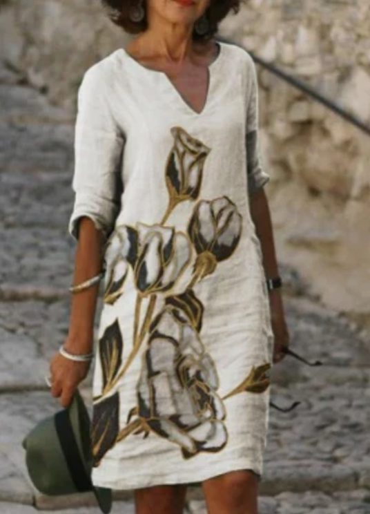 Women's Floral V-Neck Loose-Fit 3/4 Sleeve Midi Dress - Khaki