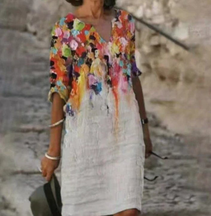 Women's Floral V-Neck Loose-Fit 3/4 Sleeve Midi Dress - Multi