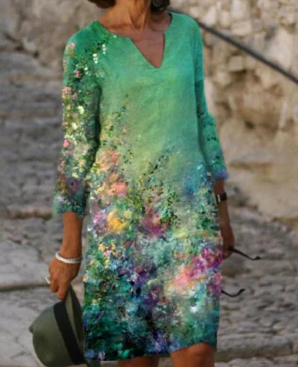 Women's Floral V-Neck Loose-Fit 3/4 Sleeve Midi Dress - Floral Green