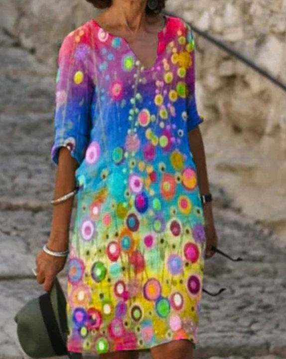 Women's Floral V-Neck Loose-Fit 3/4 Sleeve Midi Dress - Multicolor