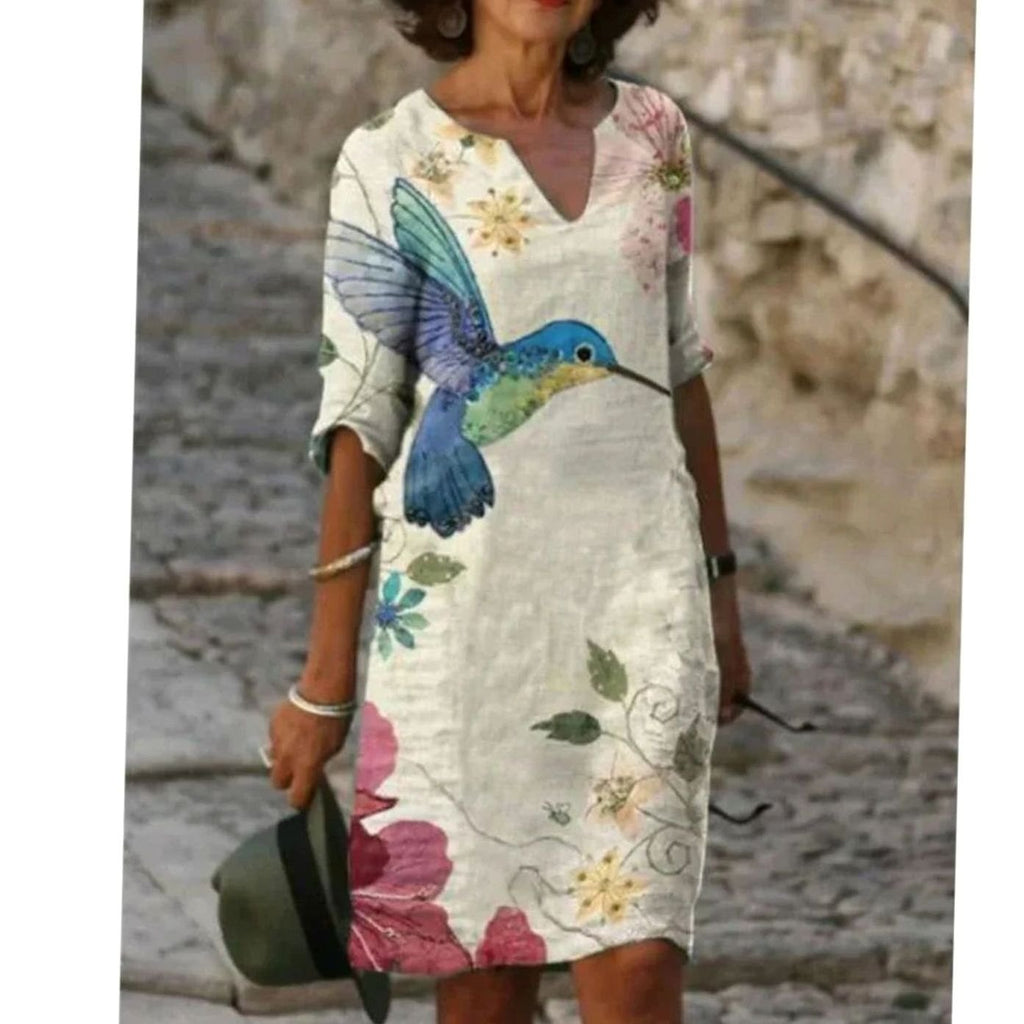 Women's Floral V-Neck Loose-Fit 3/4 Sleeve Midi Dress - Beige