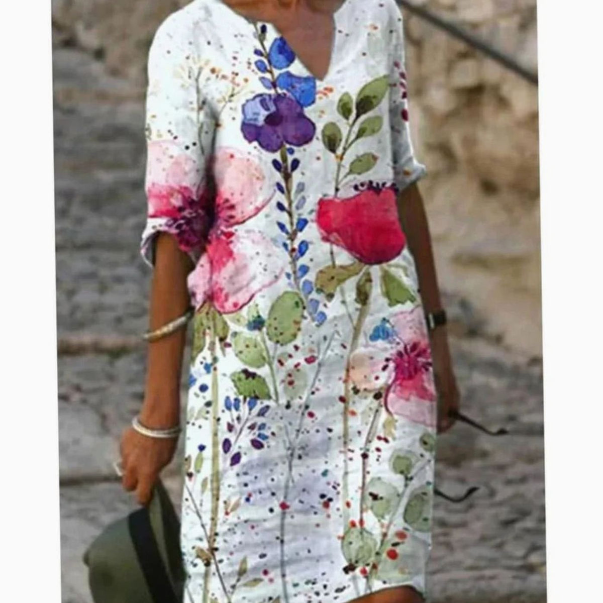 Women's Floral V-Neck Loose-Fit 3/4 Sleeve Midi Dress