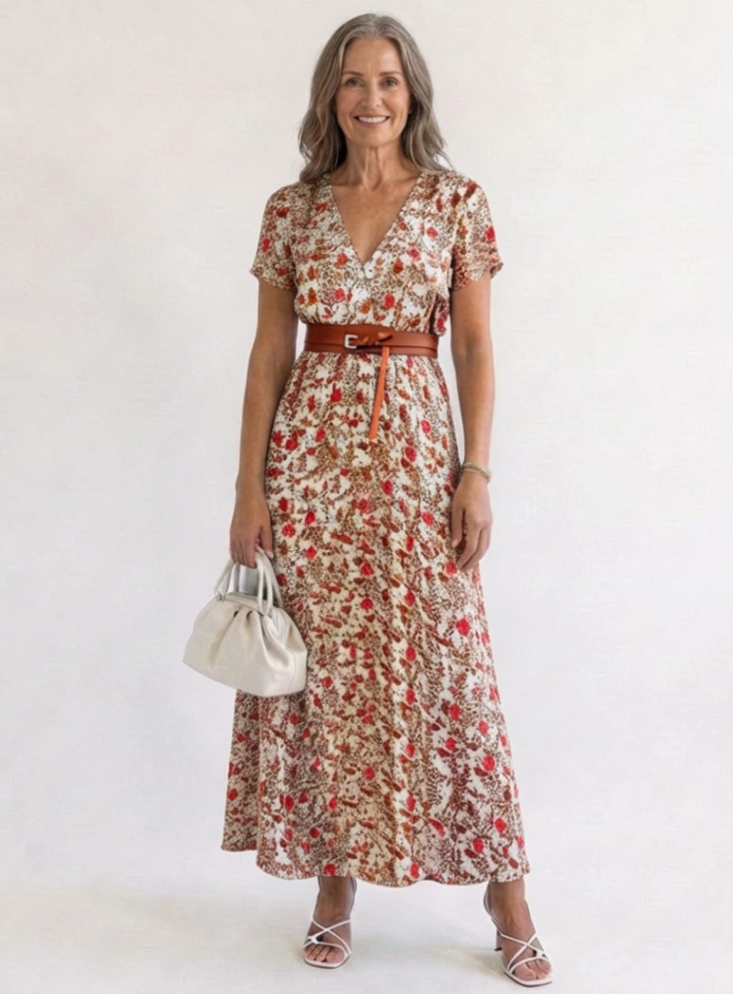 Women's Floral V-Neck Short-Sleeve Maxi Dress - Red