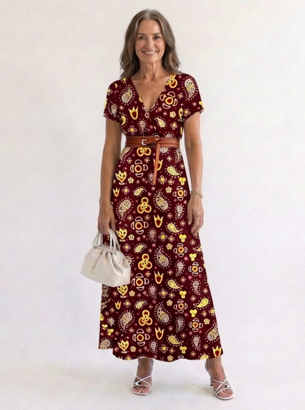 Women's Floral V-Neck Short-Sleeve Maxi Dress - Burgundy