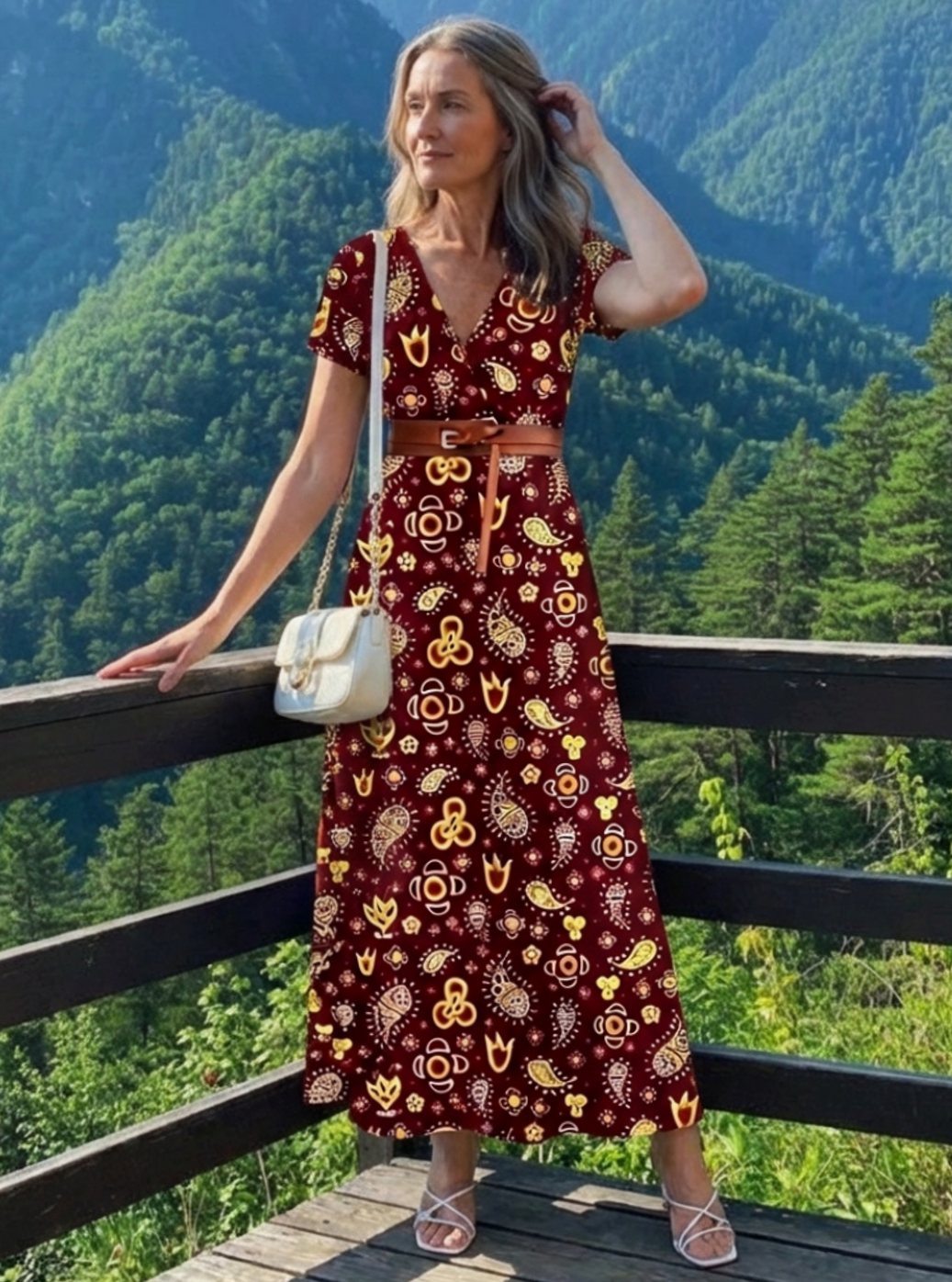 Women's Floral V-Neck Short-Sleeve Maxi Dress