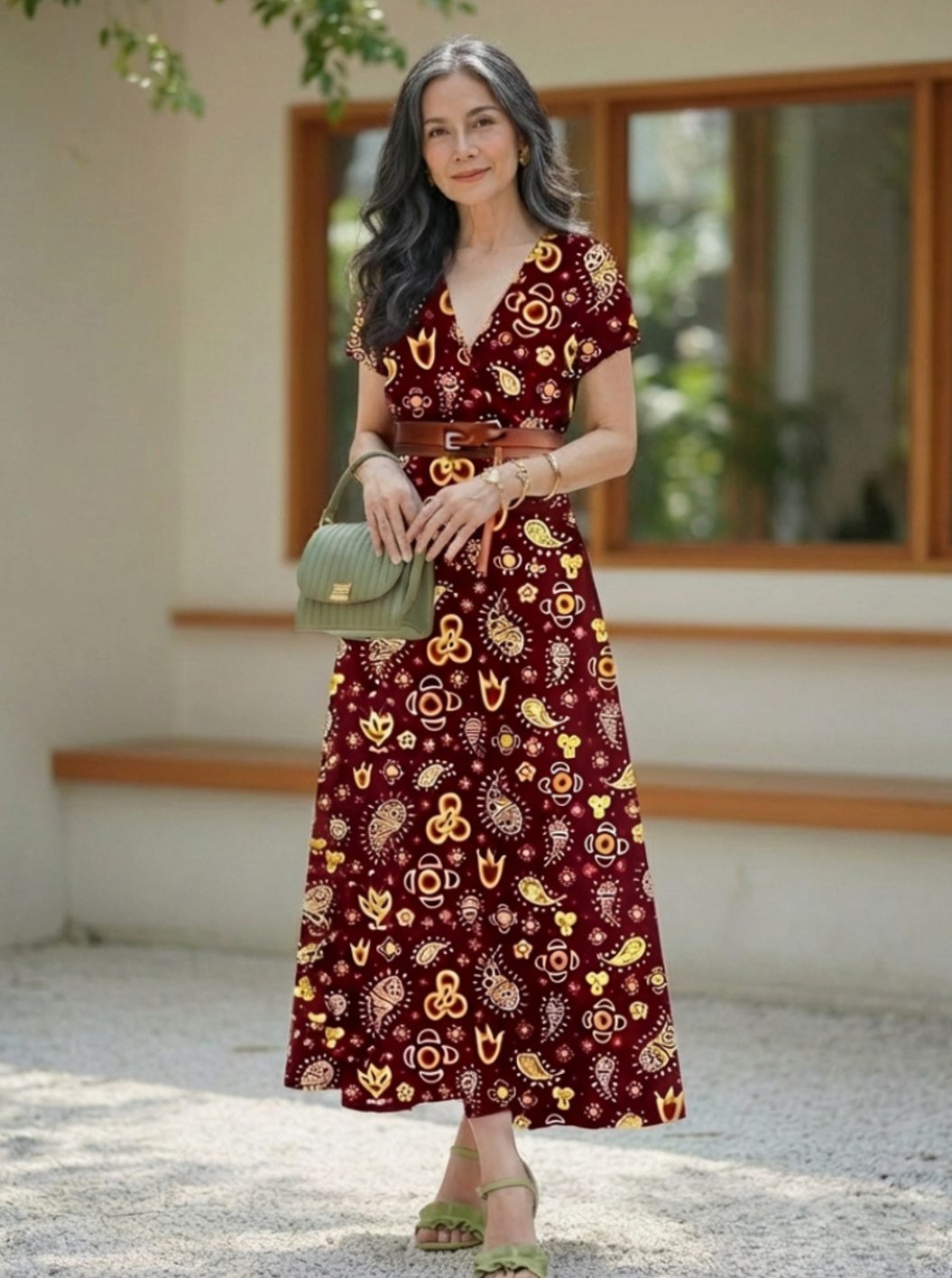 Women's Floral V-Neck Short-Sleeve Maxi Dress