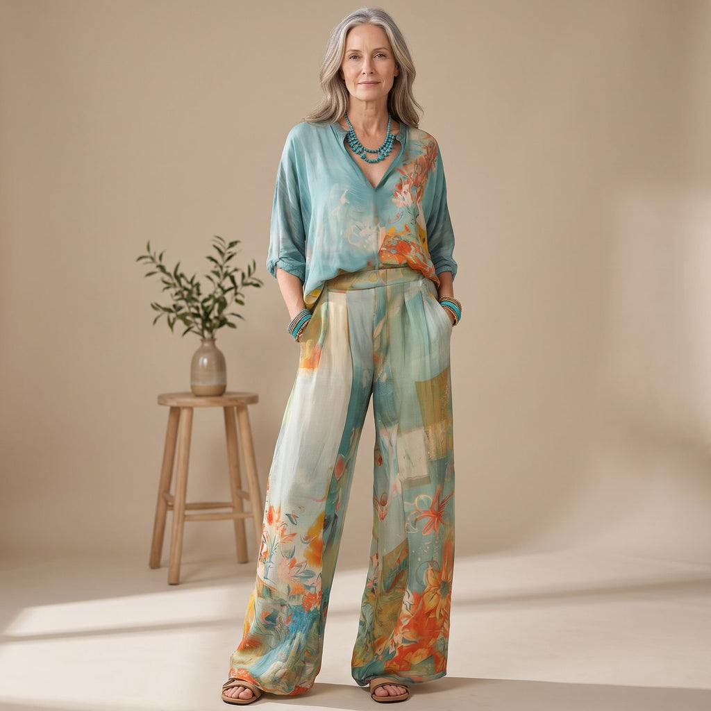 Women's Floral Wide-Leg Two Piece Set V-Neck Blouse Pants