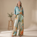 Women's Floral Wide-Leg Two Piece Set V-Neck Blouse Pants