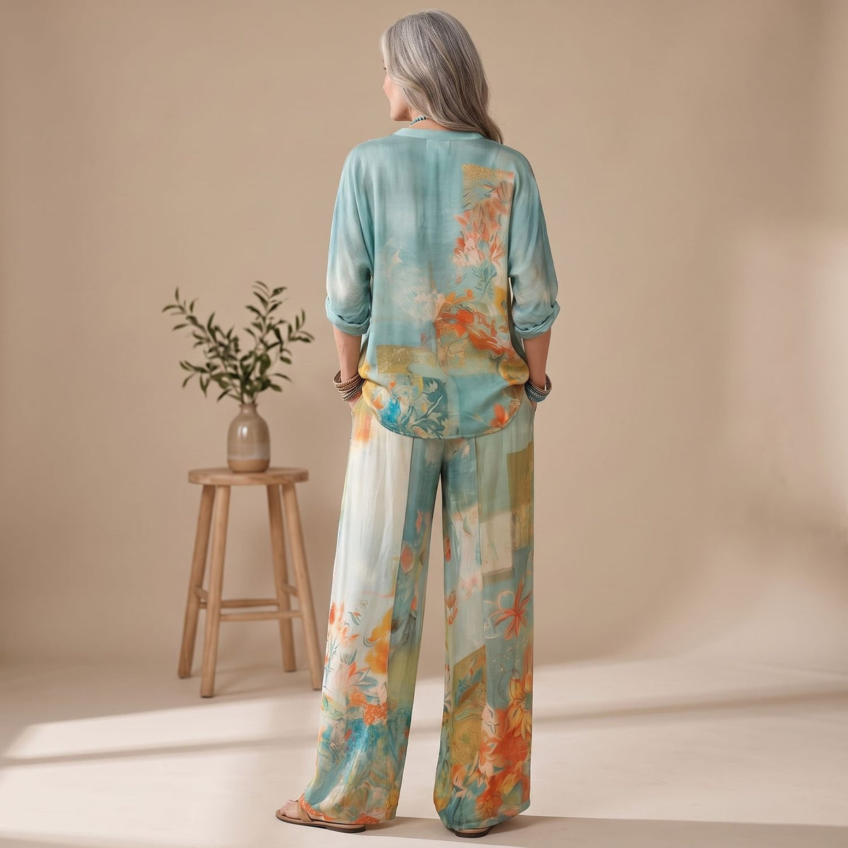 Women's Floral Wide-Leg Two Piece Set V-Neck Blouse Pants