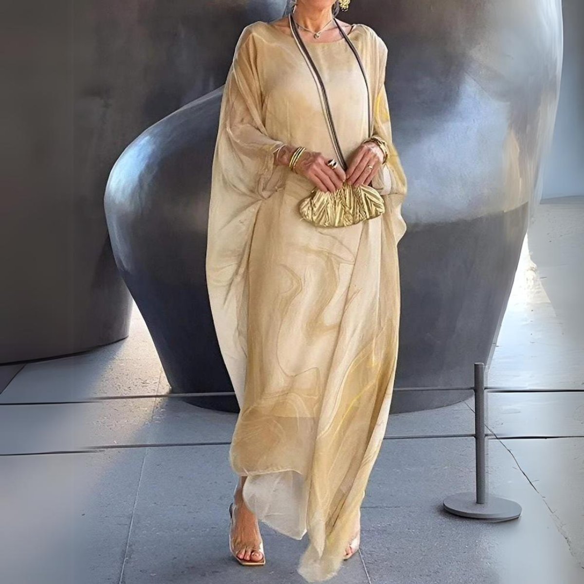 Women's Flowy Batwing Maxi Long Sleeve Dress Round Neck - Yellow