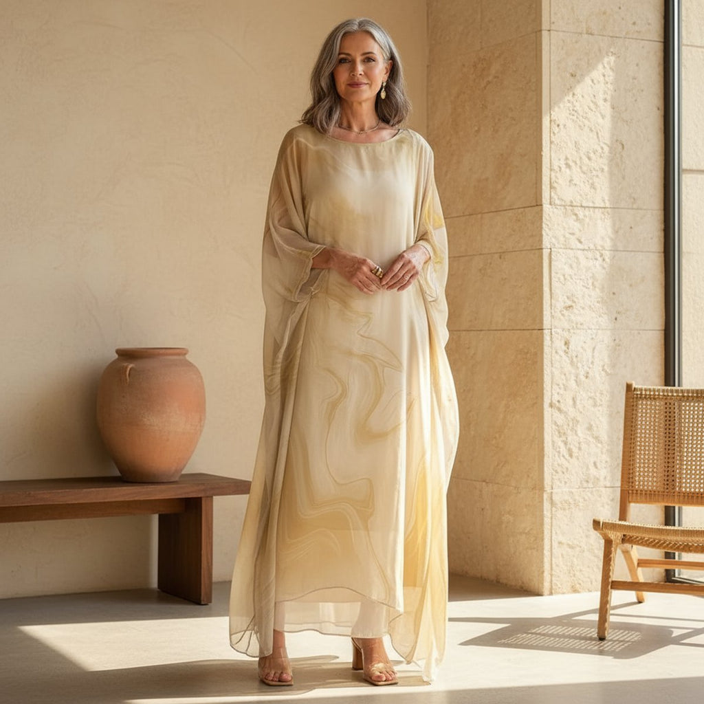 Women's Flowy Batwing Maxi Long Sleeve Dress Round Neck