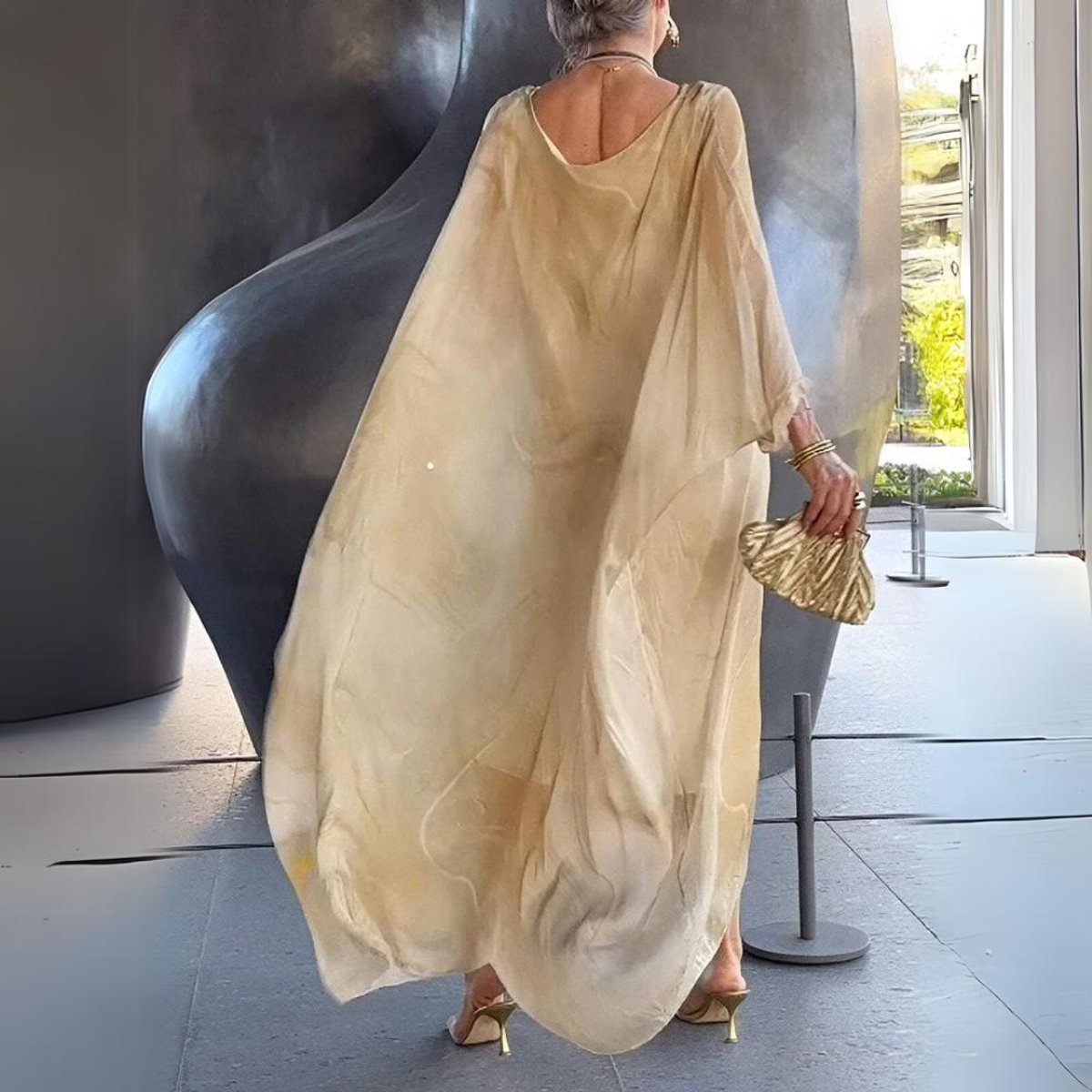 Women's Flowy Batwing Maxi Long Sleeve Dress Round Neck